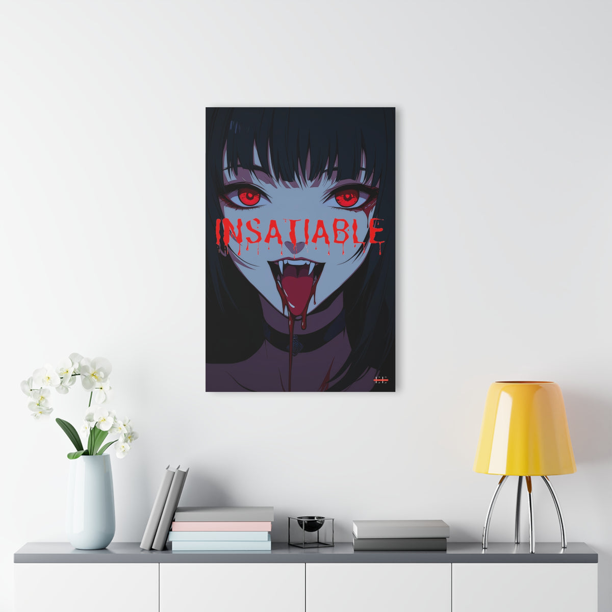"INSATIABLE" acrylic wall art featuring a dark anime portrait with glowing red eyes and fangs.