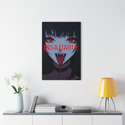 "INSATIABLE" acrylic wall art featuring a dark anime portrait with glowing red eyes and fangs.