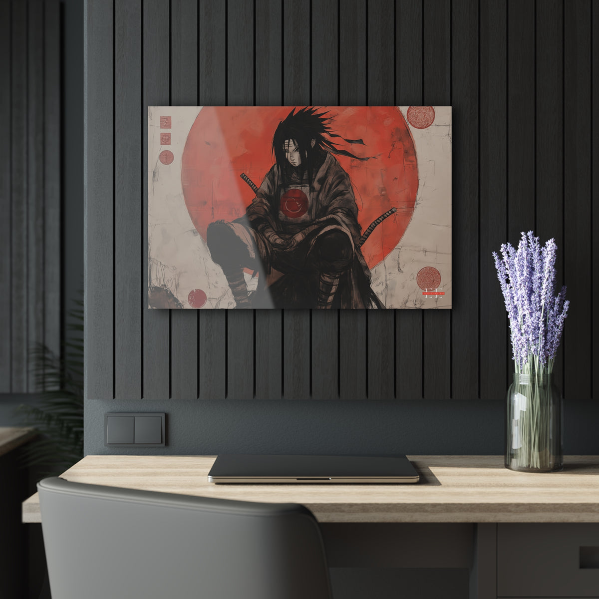 Ghost of the Uchiha acrylic wall art hanging above a desk against a dark slatted wall.
