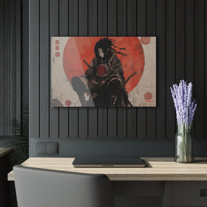 Ghost of the Uchiha acrylic wall art hanging above a desk against a dark slatted wall.