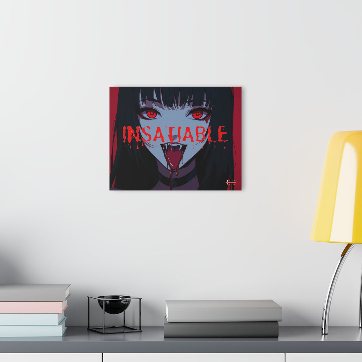 Acrylic masterpiece wall art featuring an anime girl with red eyes and the text INSATIABLE.