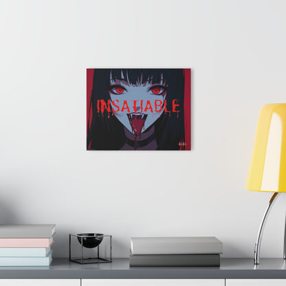 Acrylic masterpiece wall art featuring an anime girl with red eyes and the text INSATIABLE.