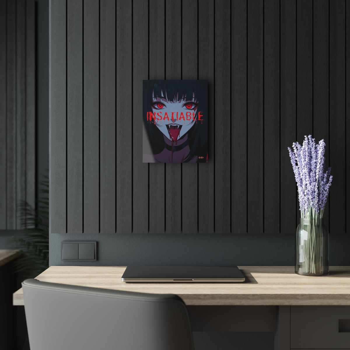 An acrylic wall art piece featuring an anime-style female vampire with red eyes and the text INSATIABLE.