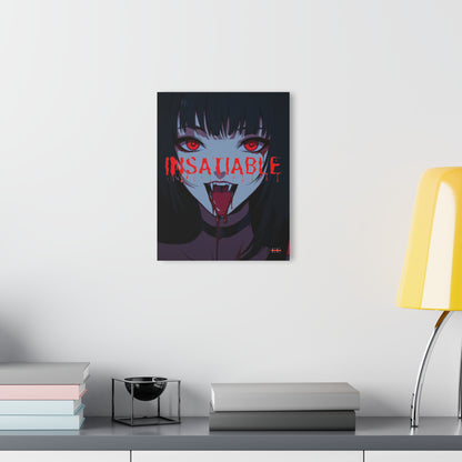 An acrylic artwork titled INSATIABLE depicting an anime-style character with red eyes and fangs on a white wall.