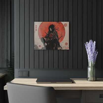 Ghost of the Uchiha acrylic wall art hanging on a dark wood-paneled wall above a desk.