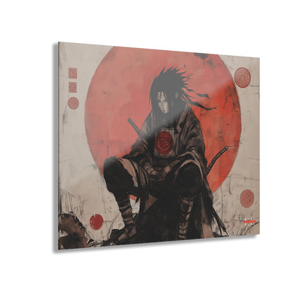 Glossy acrylic wall art featuring an anime warrior in black before a large red circle.