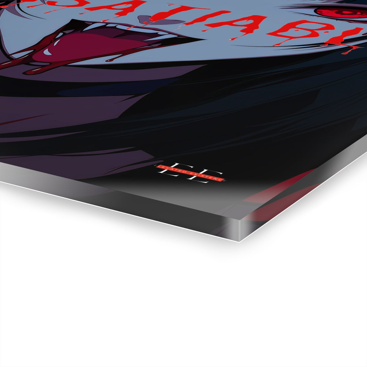 Angle view of "INSATIABLE" acrylic masterpiece featuring an anime vampire design with red text and glossy finish.