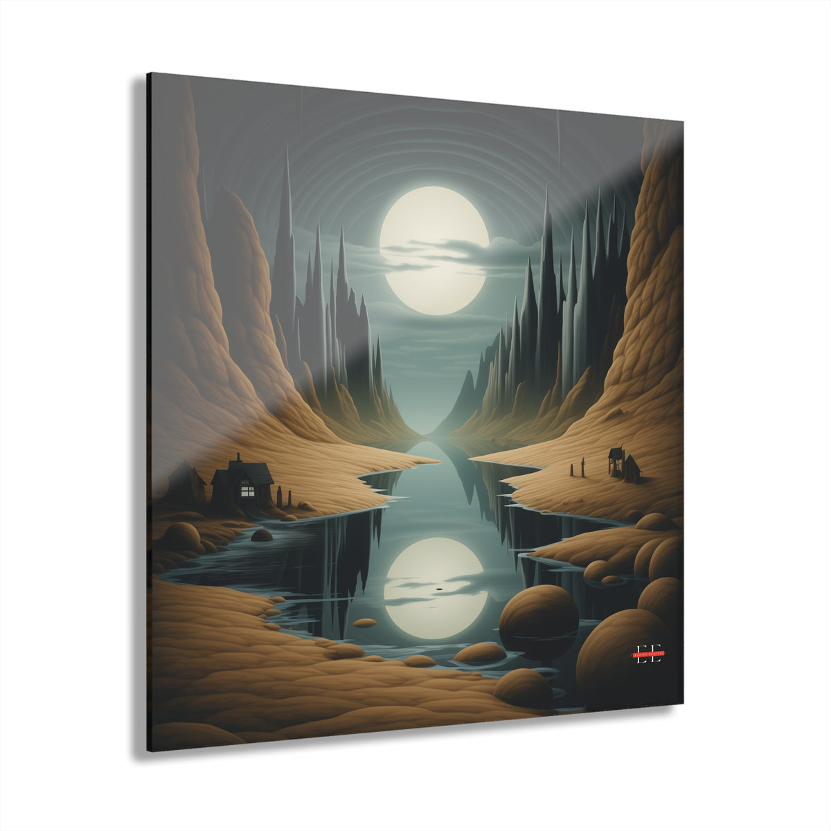Square glossy acrylic print of a surreal night landscape with a large moon reflecting on water.