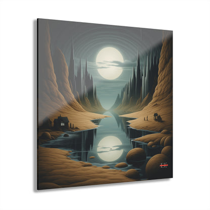 Square glossy acrylic print of a surreal night landscape with a large moon reflecting on water.