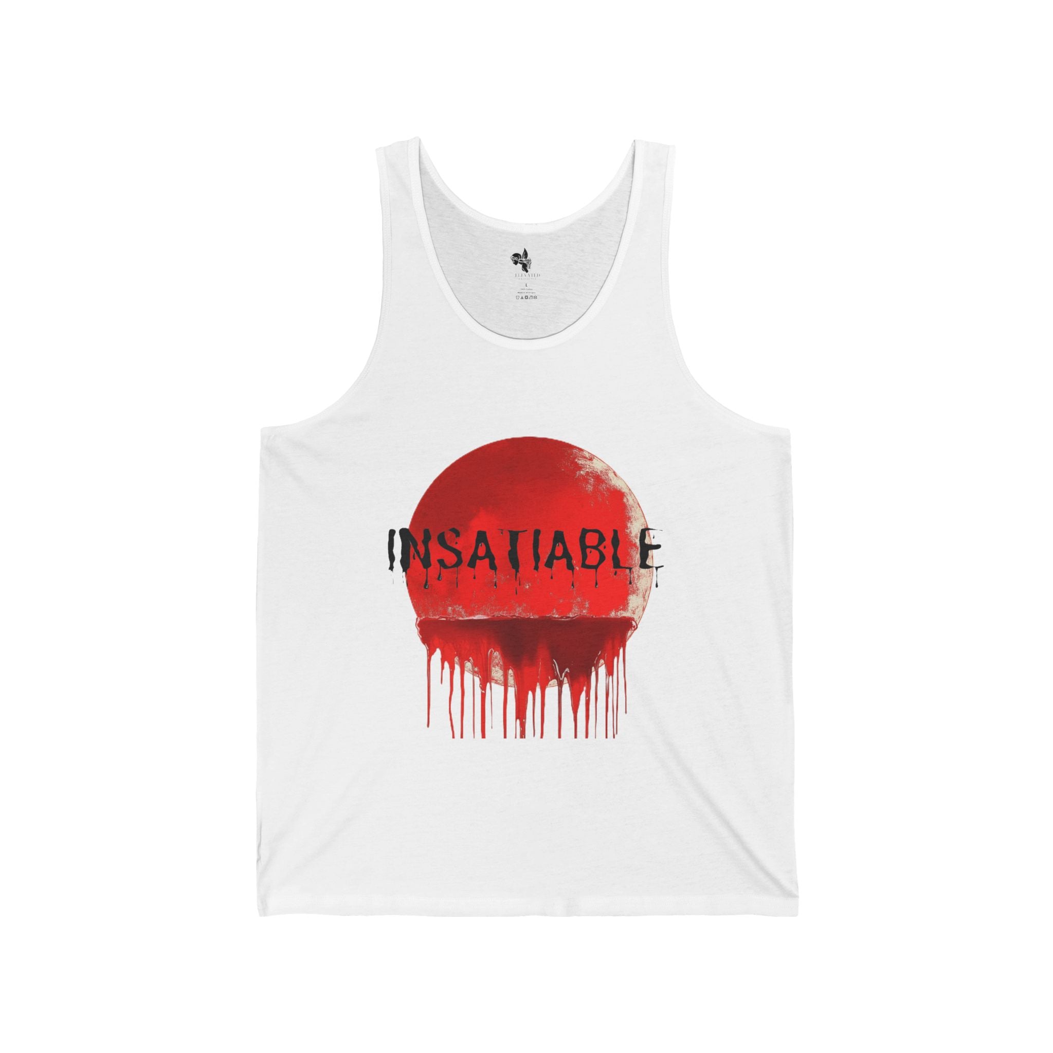 White tank top featuring a red dripping moon graphic with the black text INSATIABLE.