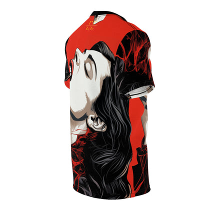 Red graphic t-shirt featuring an illustrated woman with dark hair against a bold red background.