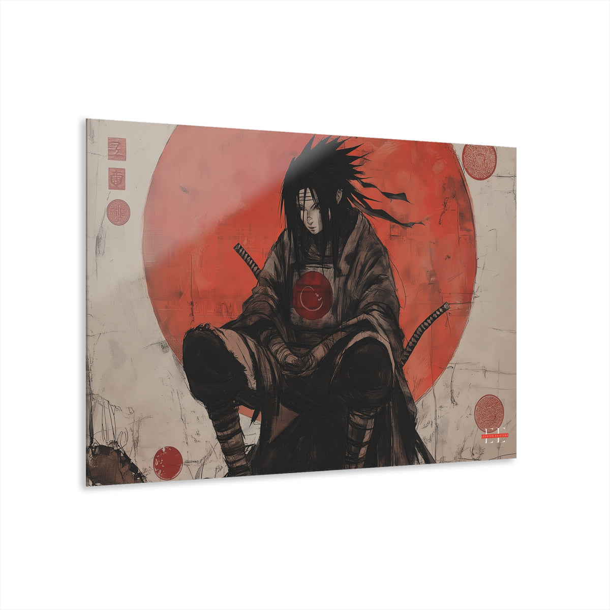 Glossy acrylic wall art featuring an anime character seated before a large red sun circle.