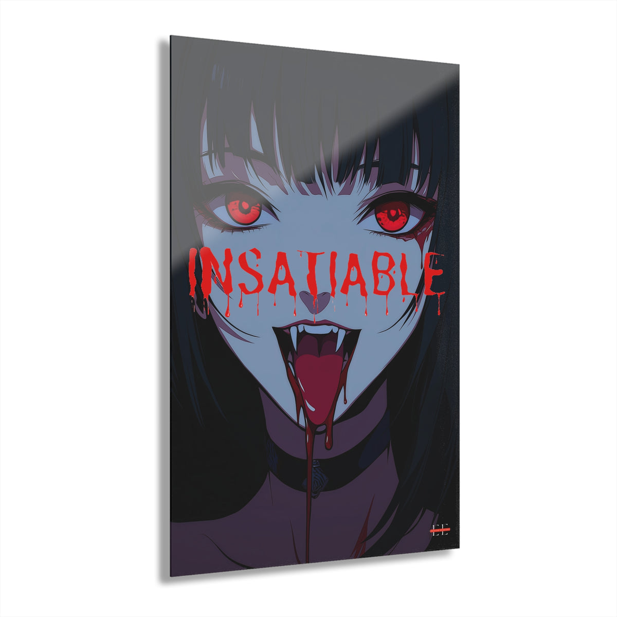 Glossy rectangular acrylic wall art featuring an anime girl with red eyes, fangs, and dripping red text.