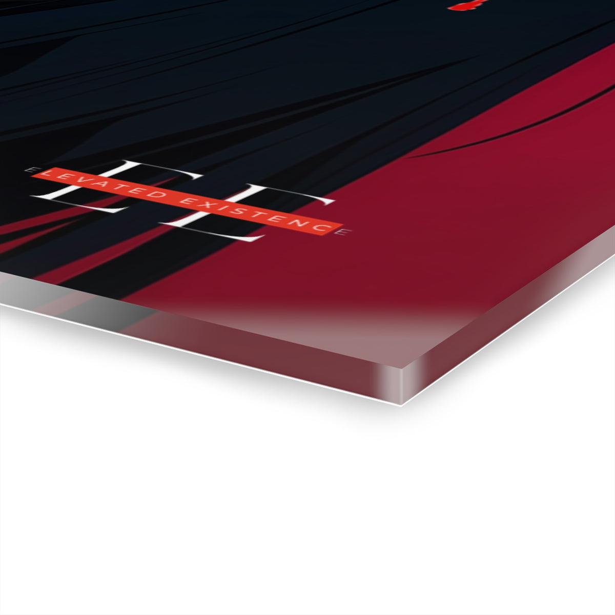 Angled corner view of an "INSATIABLE" acrylic masterpiece featuring black and red abstract art with white text.