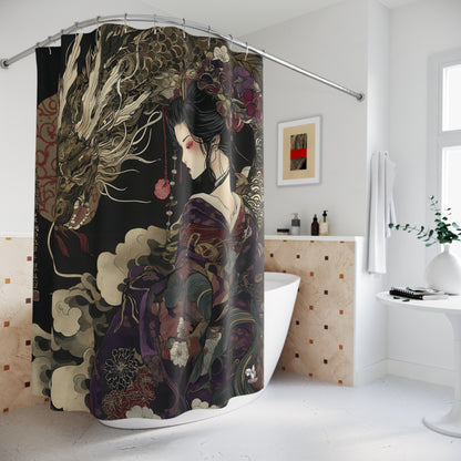 Soul Link Elevated Existence shower curtain featuring a Japanese woman in a purple kimono and a dragon.