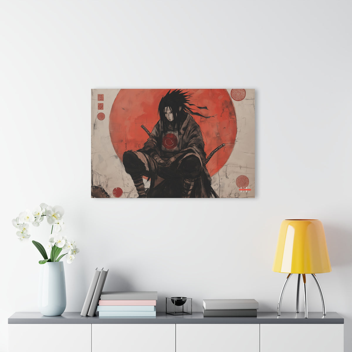 Ghost of the Uchiha acrylic wall art depicting an anime warrior in front of a large red sun.