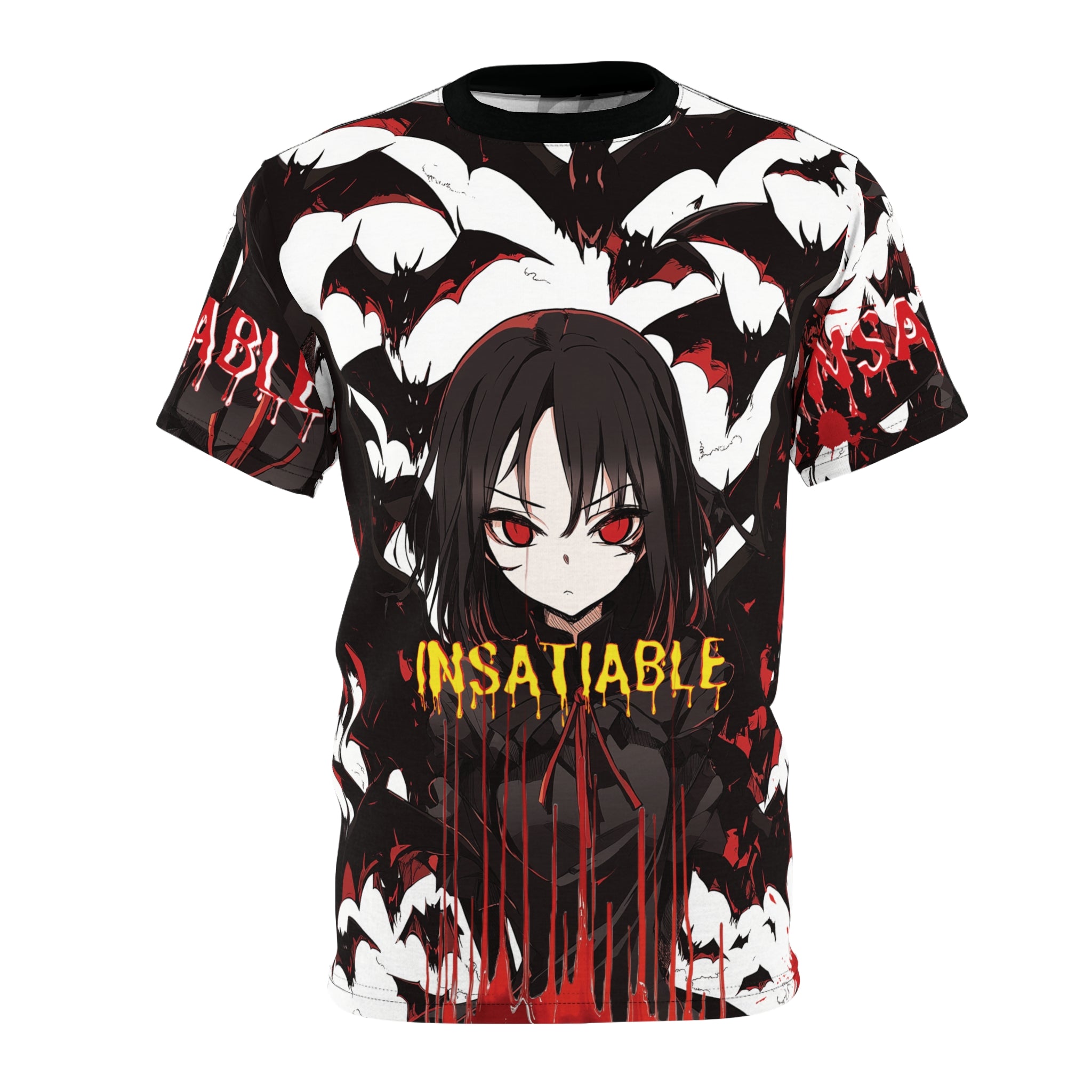 Black t-shirt with all-over anime graphic of a dark-haired girl, red eyes, bats, and INSATIABLE text.