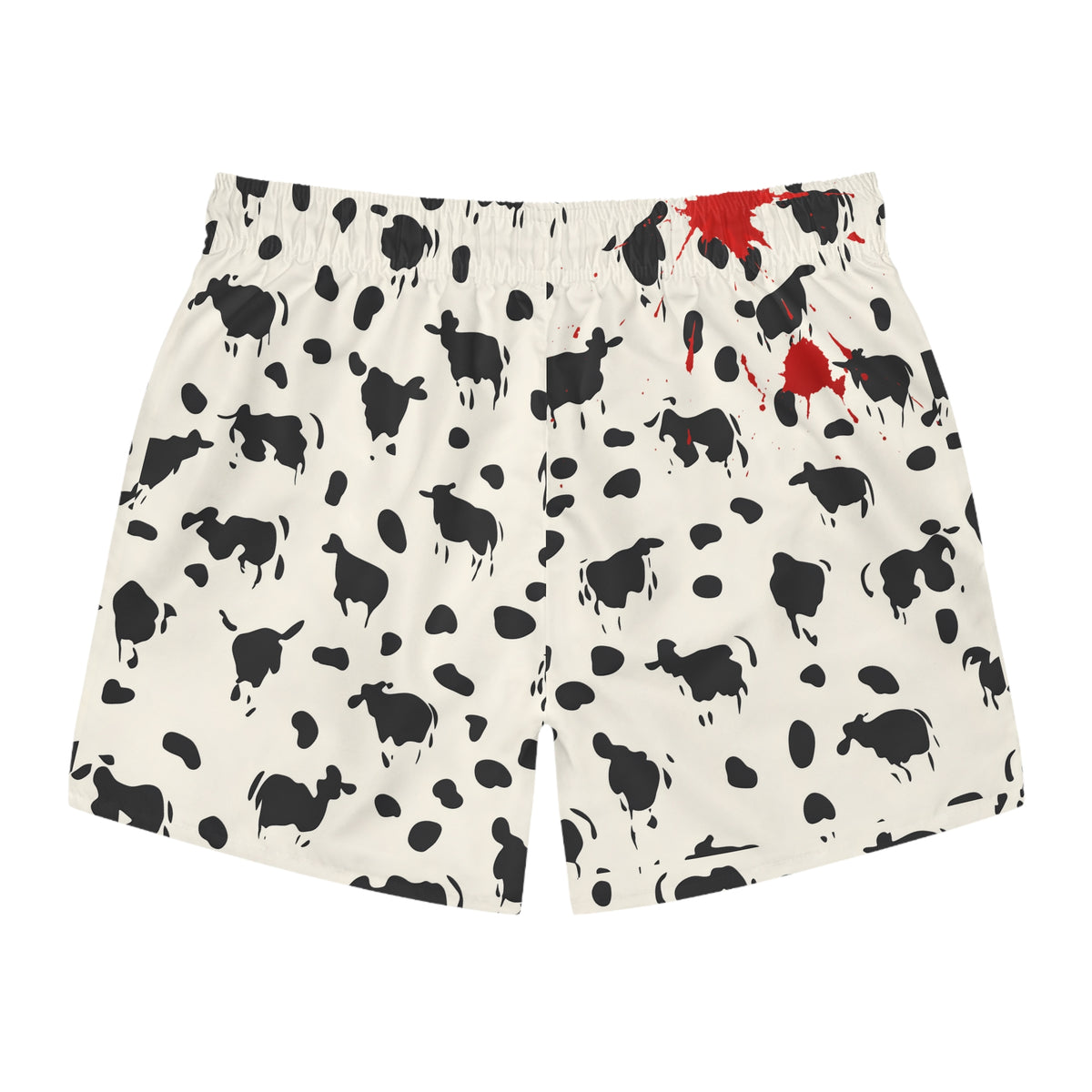 White swim trunks with a black cow silhouette pattern and red blood splatters.
