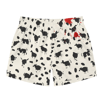 White swim trunks with a black cow silhouette pattern and red blood splatters.
