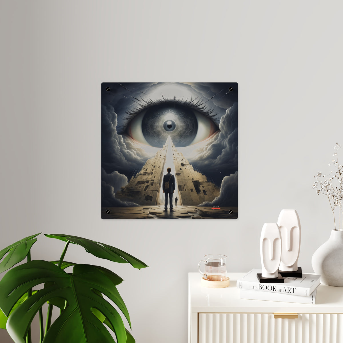 Acrylic wall art depicting a surreal scene of a giant eye overlooking a figure standing before tall buildings.