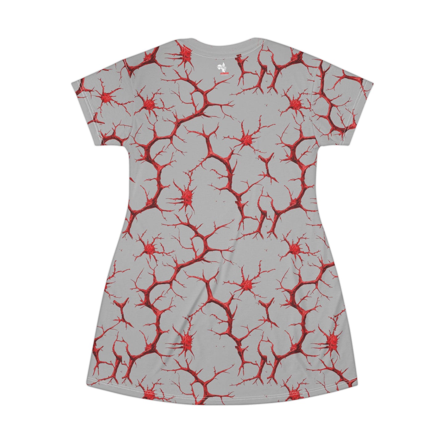 Grey t-shirt dress with an all-over red nerve cell pattern, back view.