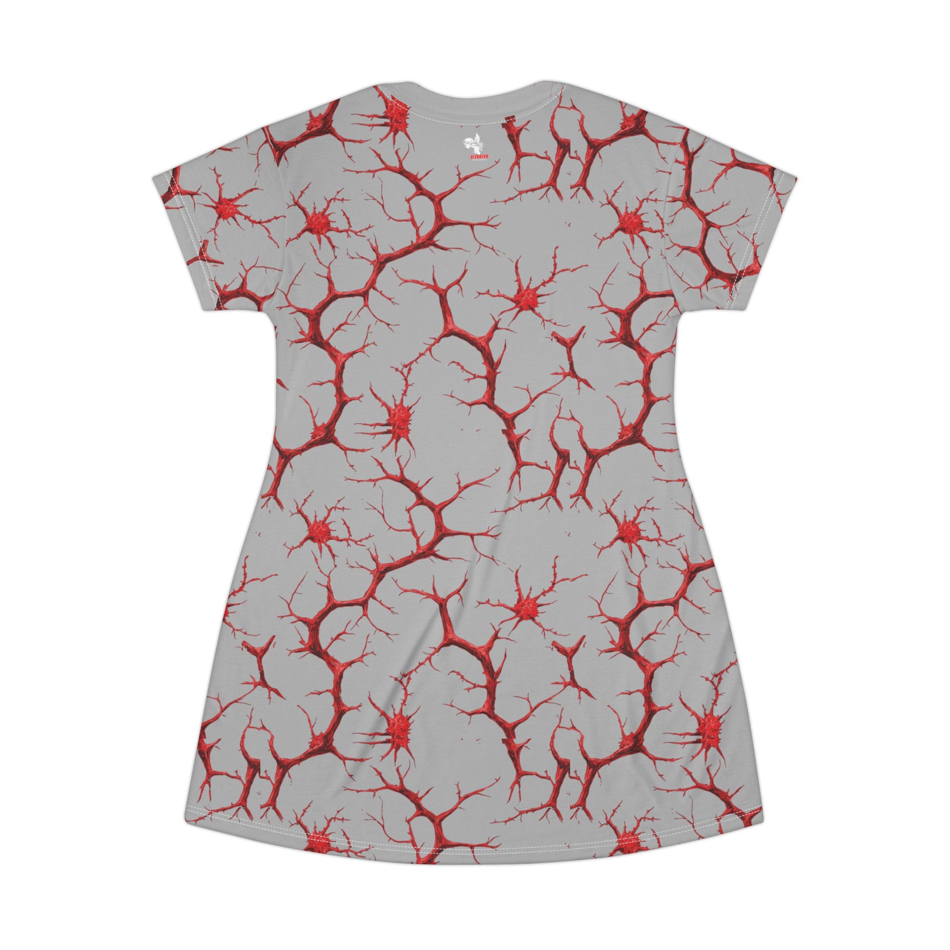 Grey t-shirt dress with an all-over red nerve cell pattern, back view.
