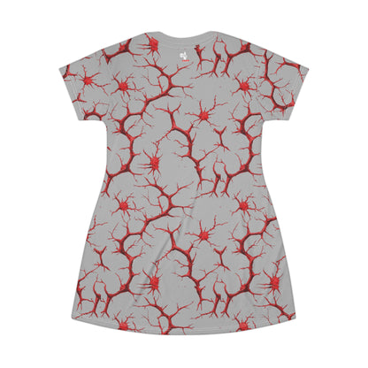 Grey t-shirt dress with an all-over red nerve cell pattern, back view.