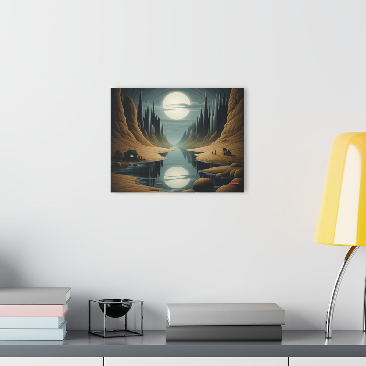 Acrylic masterpiece wall art featuring a surreal mountain landscape with a large full moon, hanging on a white wall.