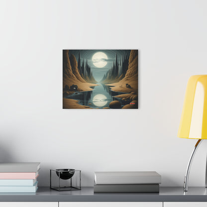 Acrylic masterpiece wall art featuring a surreal mountain landscape with a large full moon, hanging on a white wall.