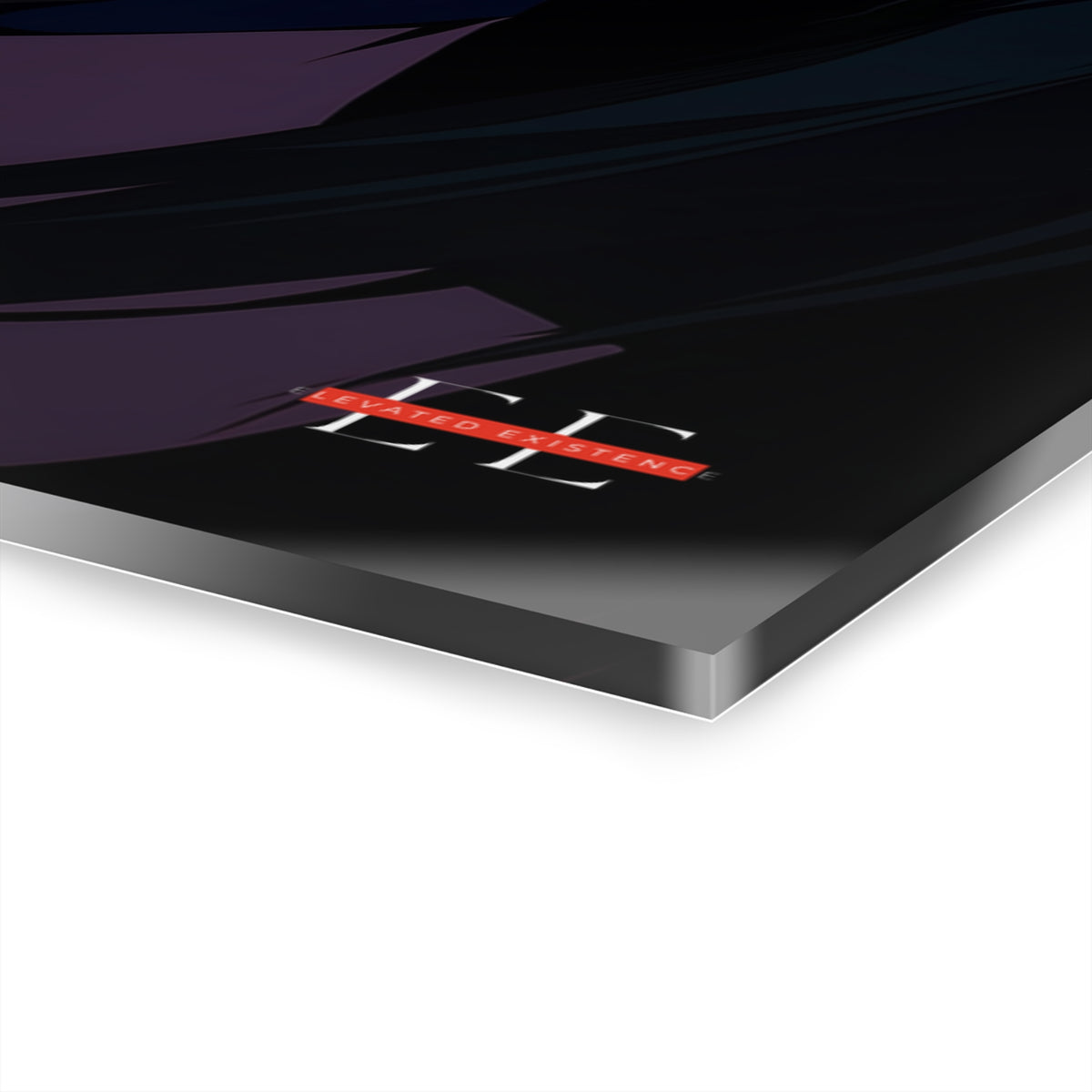 Angled close-up of the "INSATIABLE" acrylic masterpiece showing dark purple and black abstract art.