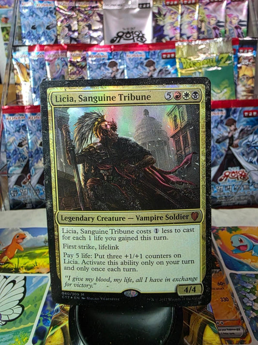 Licia, Sanguine Tribune foil Magic card featuring a vampire soldier illustration against a city backdrop.