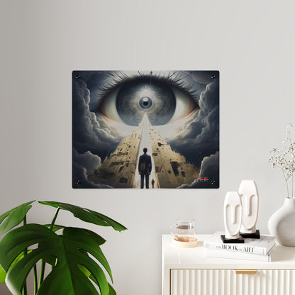 An acrylic masterpiece wall art features a giant eye overlooking a person on a path between two towers.