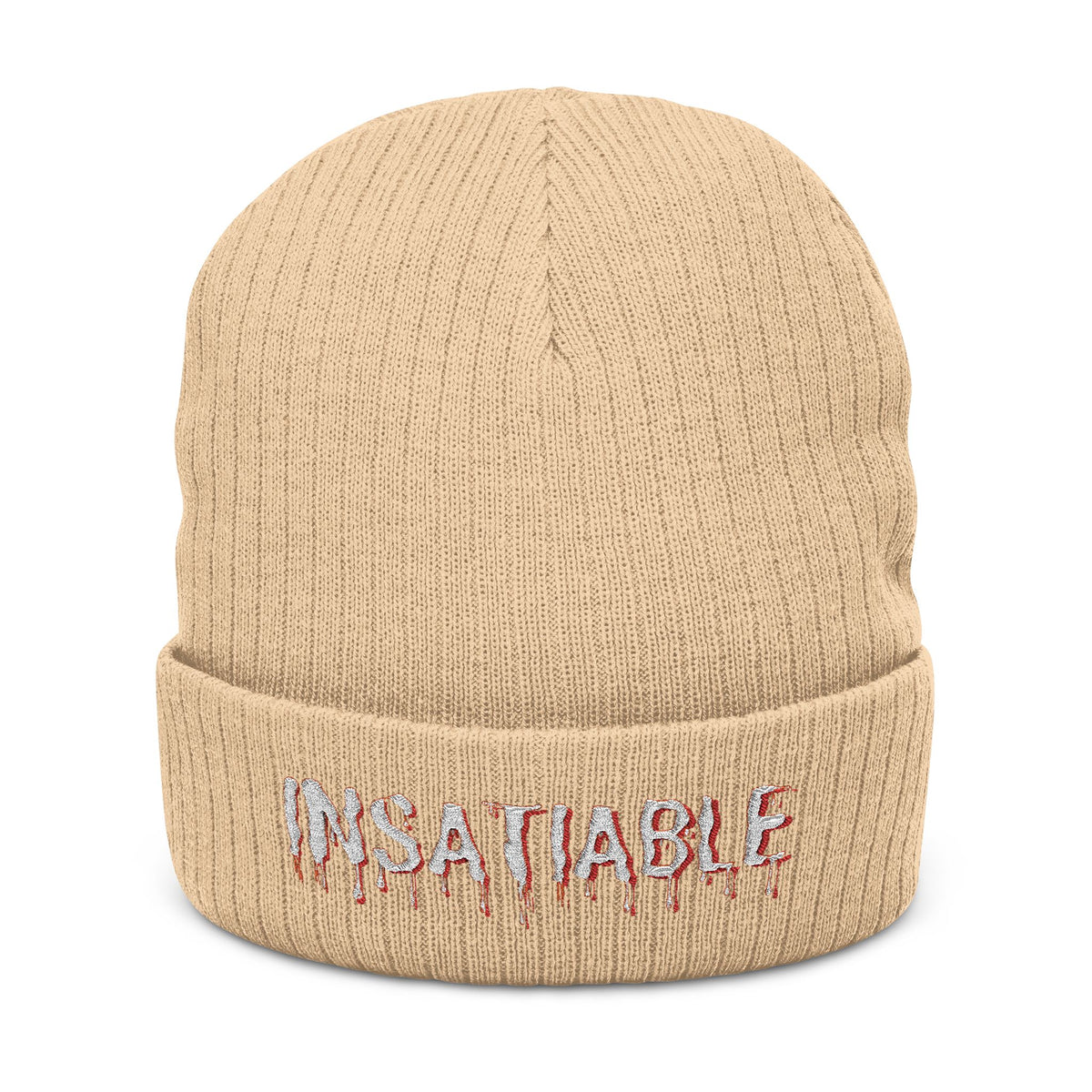 Beige ribbed beanie with embroidered "INSATIABLE" text featuring red dripping accents.