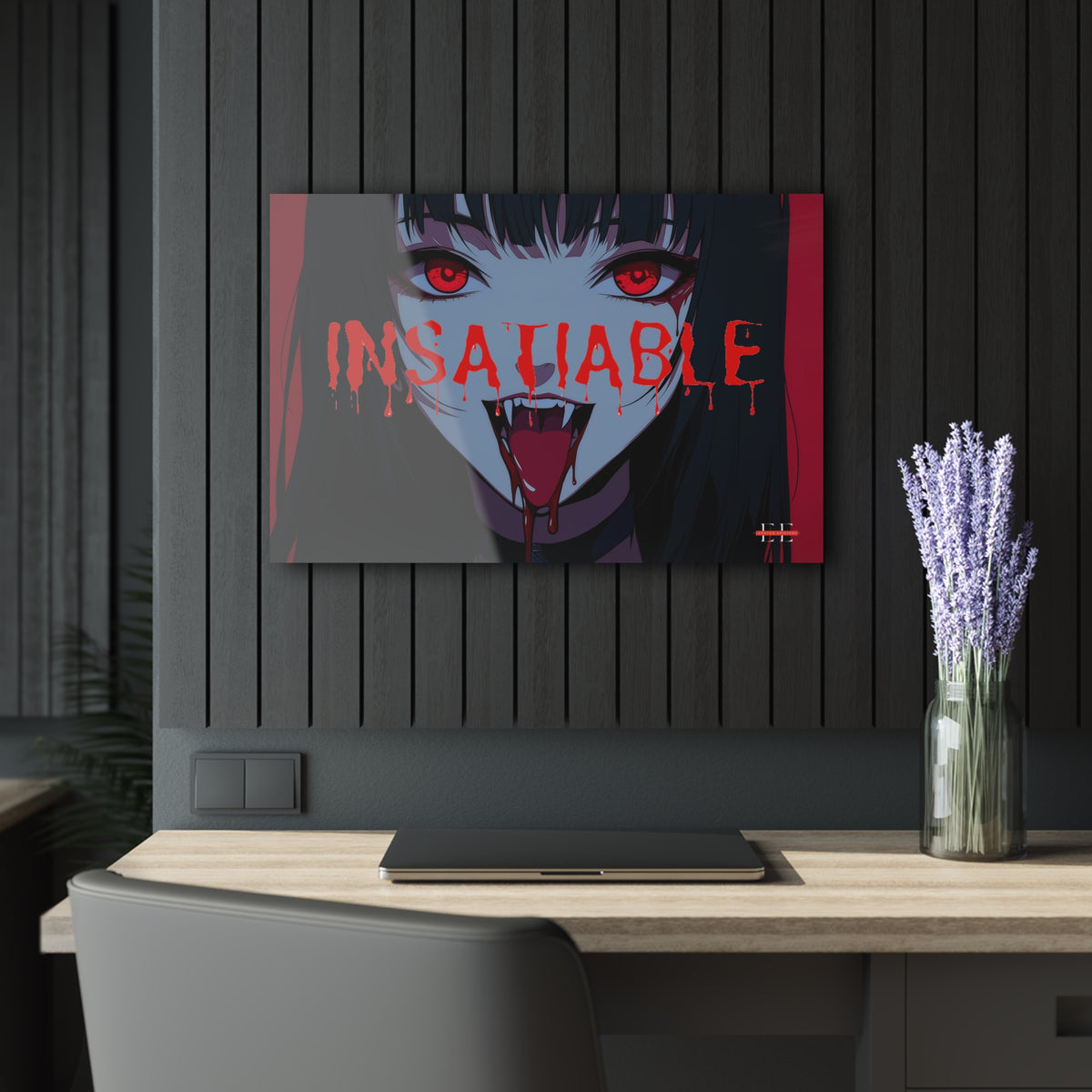 "INSATIABLE" acrylic art featuring an anime girl with red eyes and fangs on a dark slatted wall.