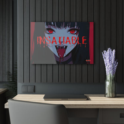 "INSATIABLE" acrylic art featuring an anime girl with red eyes and fangs on a dark slatted wall.