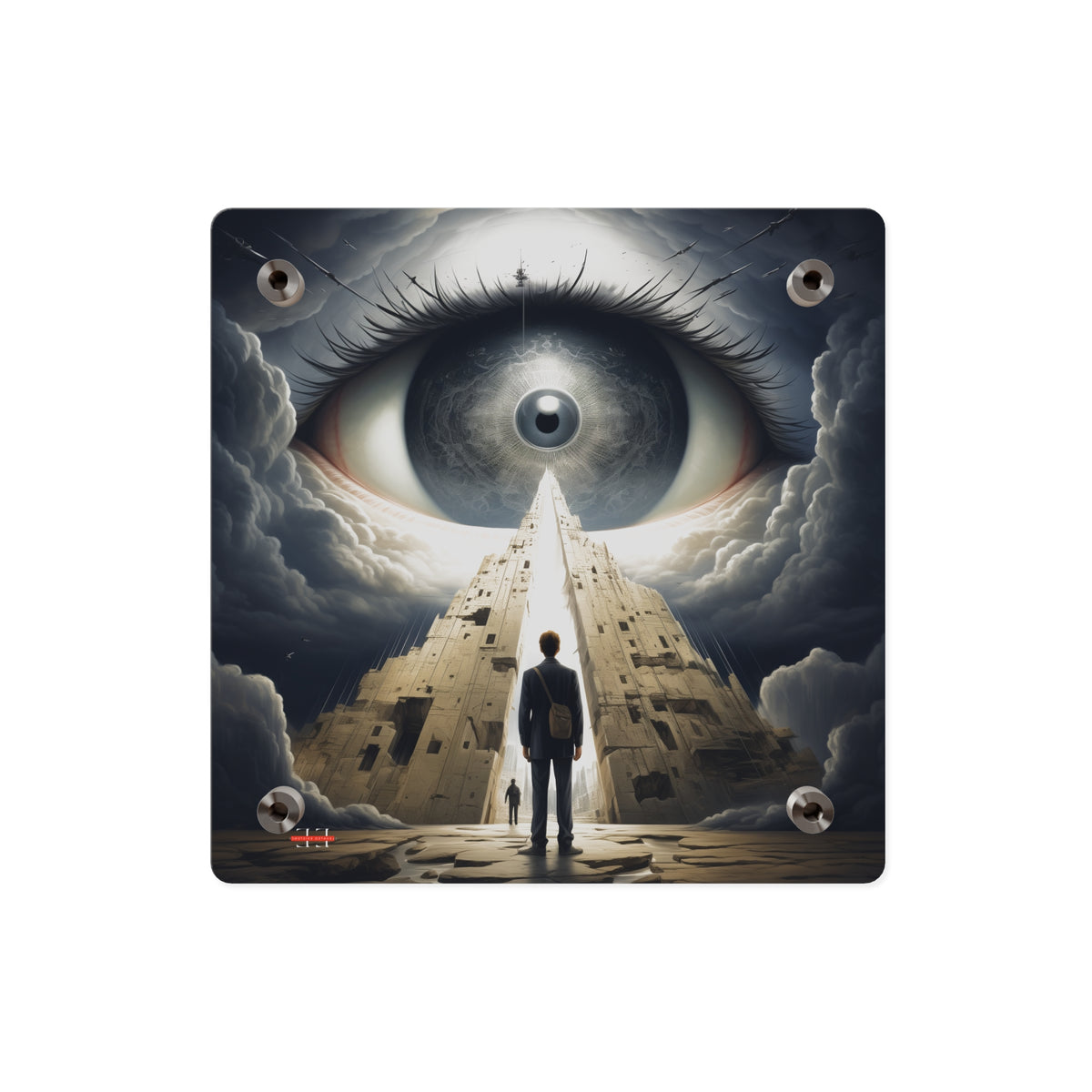 "Babylon 2035" acrylic artwork featuring a giant eye above a surreal cityscape and a lone figure.