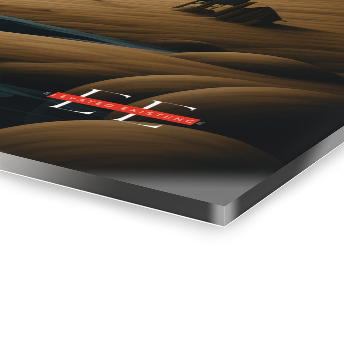 Angled close-up of the glossy acrylic masterpiece featuring a desert landscape with "ELEVATED EXISTENCE" text.