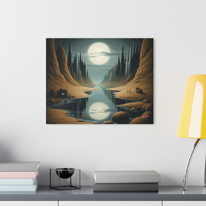 Acrylic home decor wall art of a surreal canyon landscape with a glowing moon reflecting on water.