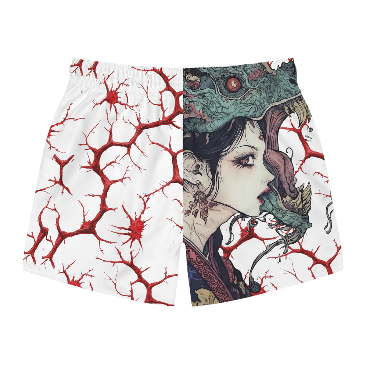 White swim trunks featuring a split design with red branching veins on one side and a goblin illustration on the other.
