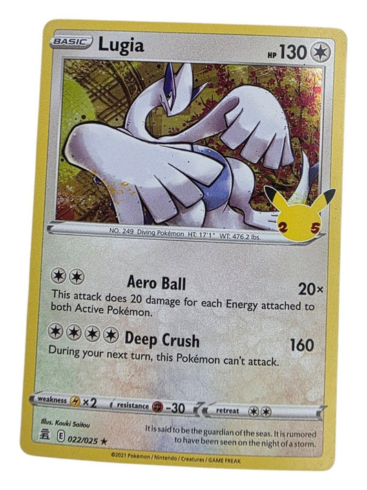 Lugia Holo Rare Celebrations 022/025 Pokémon card showing Lugia artwork and attacks.