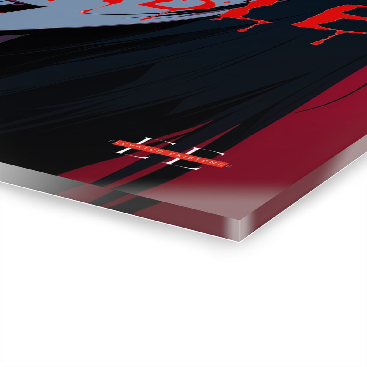 Angled close-up of an acrylic masterpiece featuring red, black, and blue graphic art.