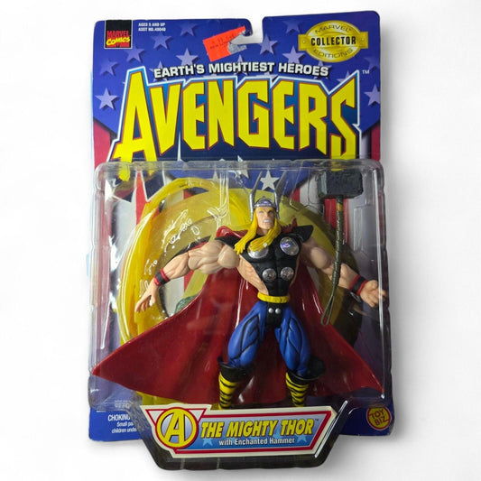 The Mighty Thor action figure in box, holding a hammer, with a red cape and blue pants.