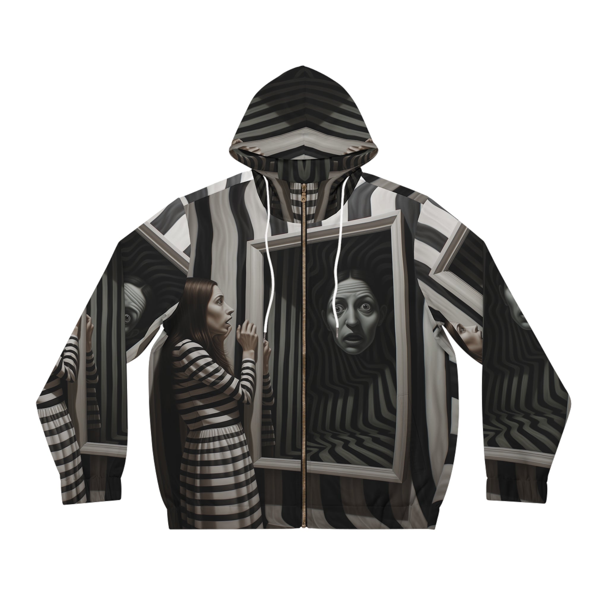 TRUE MIRROR all-over print zip hoodie with surreal black and white striped surrealist graphic art.