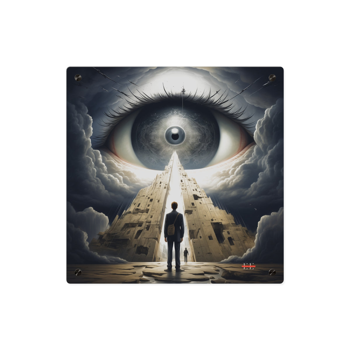 Square acrylic wall art depicting a giant eye in the sky overlooking a person before a tall, split tower.