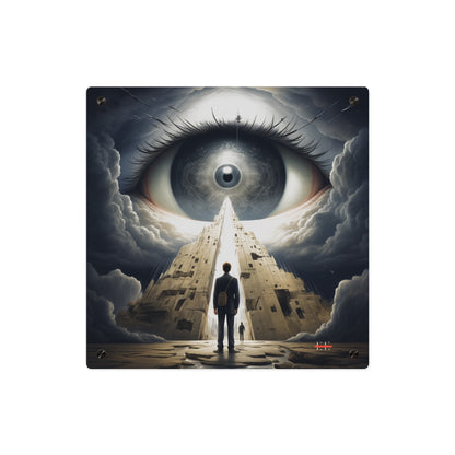 Square acrylic wall art depicting a giant eye in the sky overlooking a person before a tall, split tower.