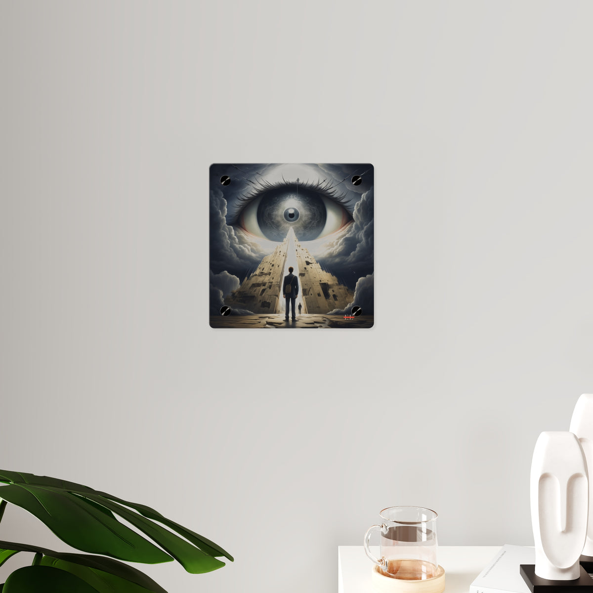 Square acrylic masterpiece featuring surreal artwork of a giant eye overlooking a towering city with a person below.