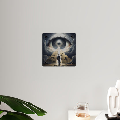 Square acrylic masterpiece featuring surreal artwork of a giant eye overlooking a towering city with a person below.