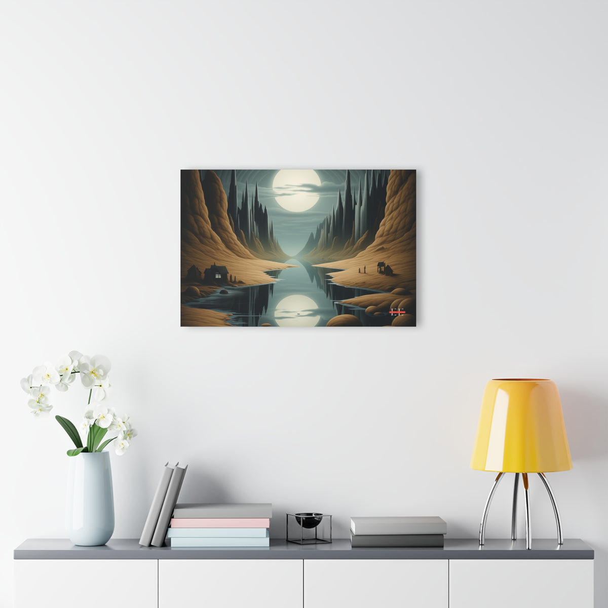 Acrylic wall art featuring a surreal landscape with a reflective river, moon, and rocky canyons.