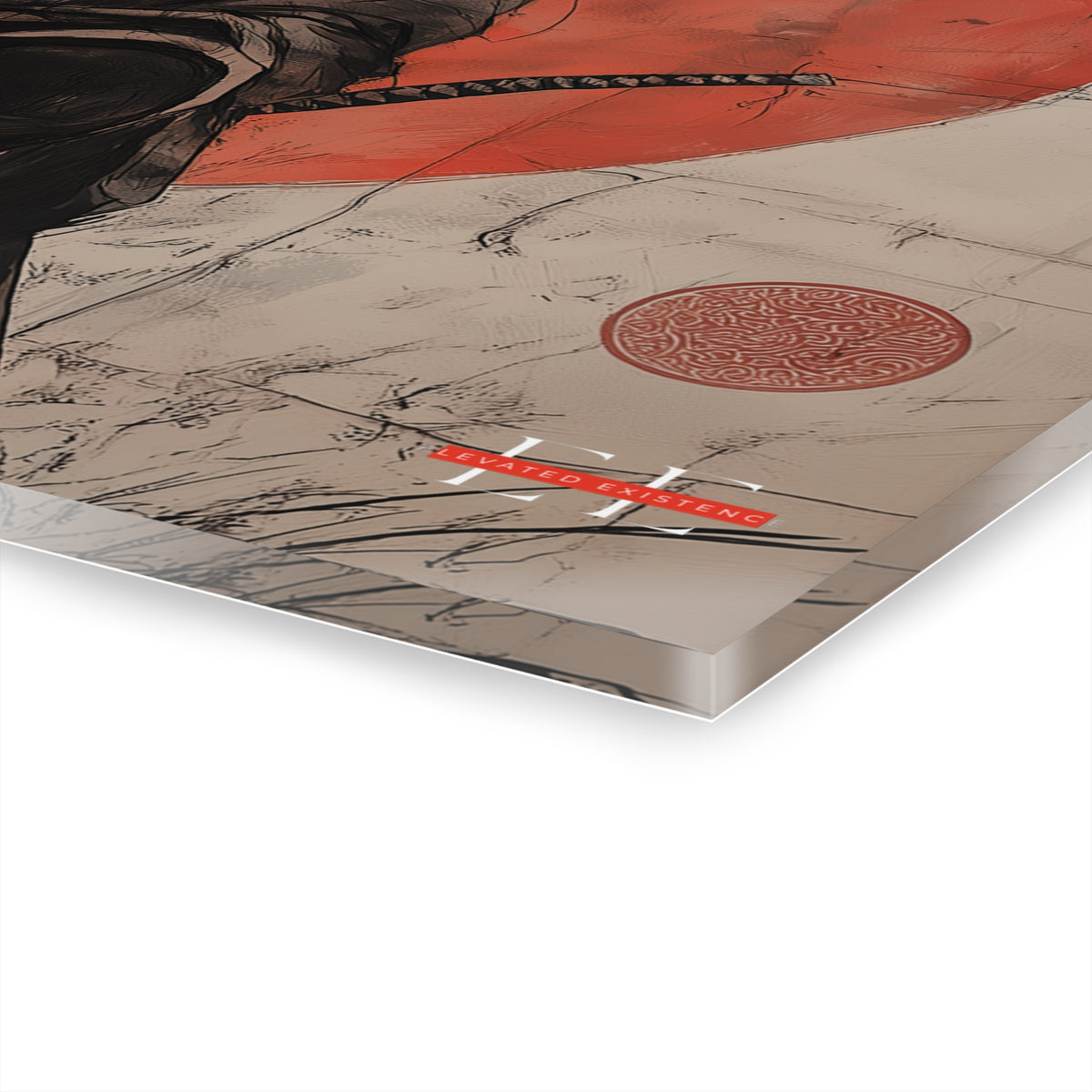 Angled view of a thick acrylic print featuring anime character artwork in red, black, and beige.