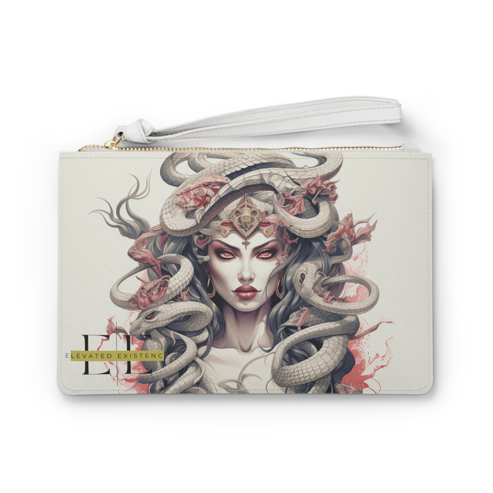 White clutch bag featuring a Medusa illustration with snakes and red accents.